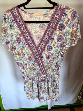 BEBOP Floral Boho Faux Wrap Short Sleeve Romper M